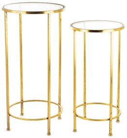 Design arany 2db-os fém körasztal szett, üveg asztallap 76x38x38/66x33x33cm