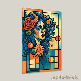 Kubista stílusú női portré vászonkép – Élénk modern hangulat 40x60cm