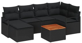 7 darabos Kertkanapé Szett Párnákkal Fekete Poli Rattan Akácia, 2-fős Kertkanapé Tárolóval és Párnákkal Fekete Poli Rattan