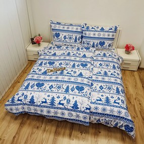 Pamut lepedők Karácsonyi lepedők Rénszarvas fehér-kék TiaHome - 1x Párna 90x70cm, 1x Paplan 140x200cm