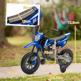 AIYAPLAY elektromos motorkerékpár gyerekeknek, 12 V-os zenés gyermekjármű edzőkerekekkel, kék