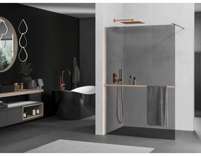 Mexen Kioto+, Walk-In zuhanyparaván polccal és akasztóval 100 x 200 cm, 8mm szürke üveg, réz matt profil, 800-100-121-65-40