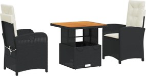 vidaXL 3 részes fekete polyrattan kerti étkezőgarnitúra párnákkal
