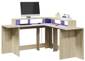 sonoma tölgy színű szerelt fa íróasztal LED-ekkel 152x152x91 cm