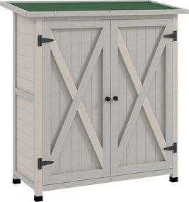 Outsunny Fa Kerti Szekrény, Időjárásálló Kerti Tároló 110 x 55 x 117 cm, Kerti Ház Ajtóval, Ferde Tetővel, Polcokkal, Szerszámszekrény, Kerti Szerszám