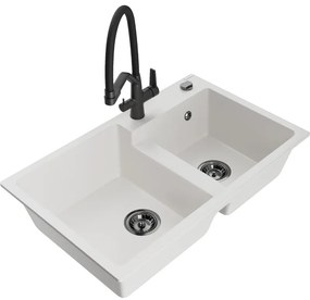 Mexen Tomas gránit mosogató 2 rekeszes konyhai csapteleppel Duo, fehér - 6516-20-671701-70-B