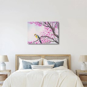 Kép - Madár egy fán rózsaszín virágokkal (70x50 cm)