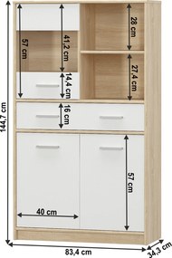 Vitrines szekrény 2D1W1S/80, fehér/tölgy sonoma, TEYO