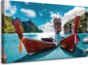 Vászonkép Csónakok a parton Víz Hegyek 100x60 cm Ideális ajándék