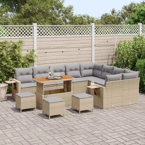 12 részes kerti sofa szett párnákkal bézs poli rattan anyagból, 3 részes kerti étkező szett párnákkal bézs poli rattan anyagból