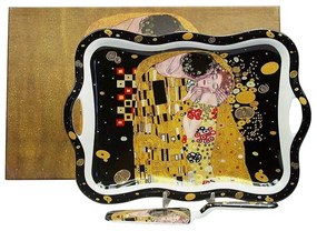 Klimt porcelán süteményes kínáló tálca lapáttal A Csók Black