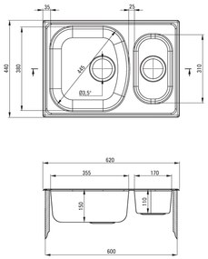 Deante Xylo, rozsdamentes acél munkalap mosogató 1,5 kamrás B/O 620x440x150 3,5" + szifon, dekor mintás, ZEX_3503