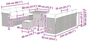 11 részes Kerti Kanapé Szett Párnákkal Bézs Poli Rattan Akáccal, 3 részes Kerti Étkező Szett Párnákkal Bézs Poli Rattan Akáccal