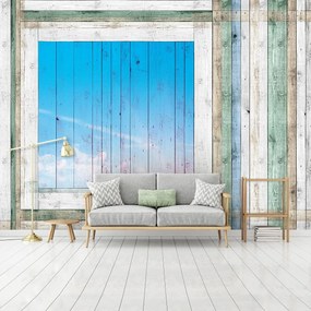 Fotótapéta - Fa deszkák - kék ablak (152,5x104 cm)