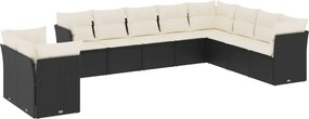 vidaXL 10 részes fekete polyrattan kerti ülőgarnitúra párnákkal