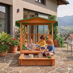 HAPPY verandás homokozó, 130x130x143cm, barna/zöld Jurhan