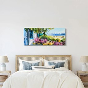 Kép a ház előtti kertről, olajfestmény (120x50 cm)