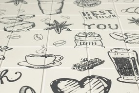 3D PVC falpanel Fekete-fehér rajzos kávé mintás, fényes felülettel.