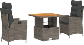 vidaXL 3 részes szürke polyrattan kerti étkezőgarnitúra párnával