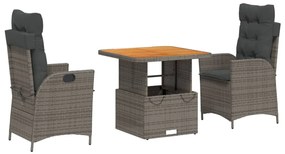 vidaXL 3 részes szürke polyrattan kerti étkezőgarnitúra párnával