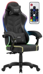 Gamer szék, forgó, ergonómikus, RGB világítással, fekete