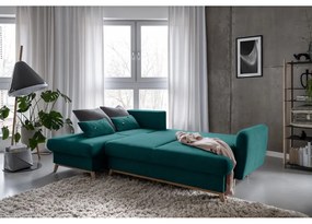 Türkiz kinyitható-tárolóhelyes sarokkanapé (bal oldali-heverő résszel) Scandic Lagom – Miuform