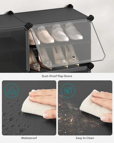 Összekapcsolható cipőtartó, 10 rekeszes műanyag cipőszekrény, fekete