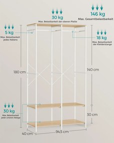SONGMICS nyitott ruhásszekrény akasztóval és polcokkal, 40 x 94,5 x 180 cm, bézs