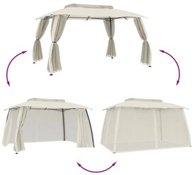 krémszínű acél dupla tetős pavilon hálós falakkal 3,93 x 2,93 m