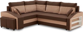 Grande sarokkanapé polcokkal és puffokkal , polc a jobb karfaban puffok a bal karfaban, baloldali, szövet anyag, hab töltet, barna