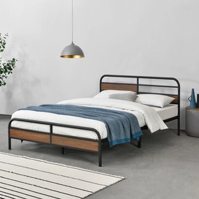 [en.casa] Fémkeretes ágy Aarau 140x200 cm fa-hatású elemekkel