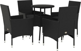 vidaXL 5 részes fekete polyrattan/üveg kerti étkezőgarnitúra párnákkal