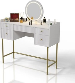 Kozmatikai asztal LED tükörrel 5 fiókkal fehér/arany