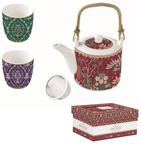 Porcelán teáskanna 600ml, fémszürővel, 2 porcelánpohárral 160ml, dobozban, Atmosphere, Eclectic Chic