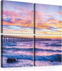 Vászonkép 50x50 Naplemente tenger tengerpart hullámok móló ég felhők rózsaszín