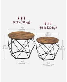 Dohányzóasztal, 2 oldalsó asztal, Ø60cm és Ø50cm, barna-fekete