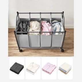 Szennyeskosár görgőkkel 4 x 35L, 4 kivehető táskával, szürke