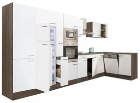 Yorki 430 sarok konyhabútor yorki tölgy korpusz,selyemfényű fehér fronttal felülfagyasztós hűtős szekrénnyel