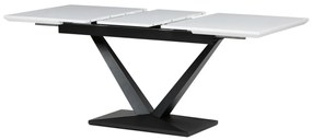 Masă de sufragerie, 140+40x85, cu blat MDF alb mat, picioare metalice negre.