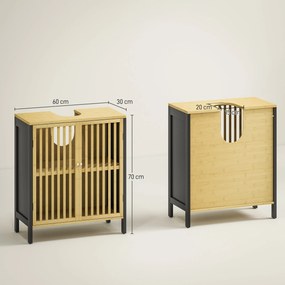 HOMCOM Mosdó Alatti Fürdőszobai Szekrény Állítható Polccal 60 x 30 x 70 cm Fekete és Természetes Bambusz | Aosom