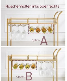 Zsúrkocsi, felszolgáló kocsi tükrös polccal 80 x 77,5 x 38 cm, arany