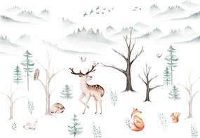 Fotótapéta Téli erdő Akvarell Pasztell Állatok Szarvasok 250x175 +ragasztó