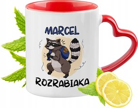 Piros bögre szív alakú füllel Marcelnek Ajándék