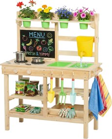 AIYAPLAY kültéri játékkonyha — fa mosogató, virágládák, krétatábla, polcok (3–6 év) | Aosom