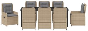 9 részes kerti étkező garnitúra bézs poli rattan, Kerti asztal fekete 200x80x73 cm edzett üveggel