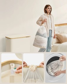 Szennyestartó Oxford szövet, 150L, kivehető hálós zsák, bambusz fogantyú krémfehér