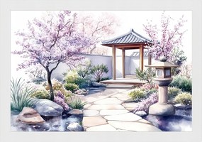 Poszter Keret Fa Akvarell Japán Kert Cseresznye Sakura Virágok 60x40