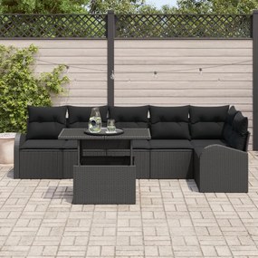 7 részes kertiszófa készlet párnákkal fekete poli rattan, 2 személyes kerti kanapé tárolóval és párnákkal fekete poli rattan