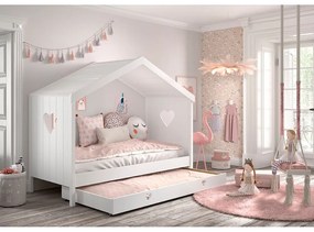 Fehér házikó alakú borovi fenyő gyerekágy kihúzható pótággyal, tárolóhellyel 90x200 cm AMORI – Vipack