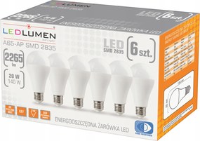 6 darabos Led izzó készlet E27 A65 20W=140W Smd 2262lm 210° Villogásmentes 4000K
